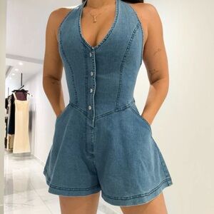 Denim Halter Romper with Open Back